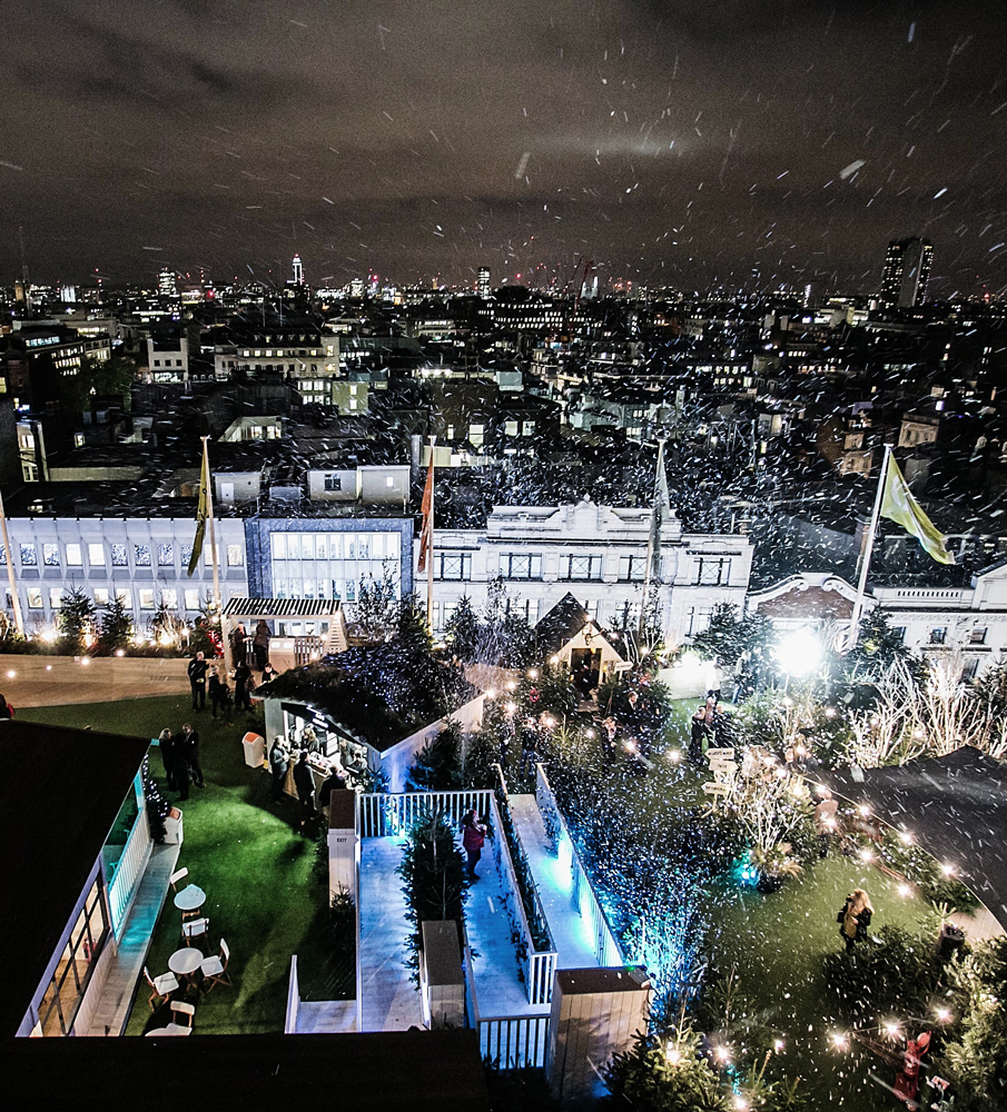 Aerial view of John Lewis' flagship store rooftop at night